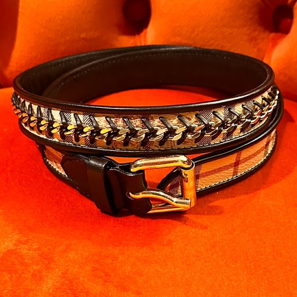 Authentic Unisex Burberry Belt With Gold Braided Accent - Size 32/80